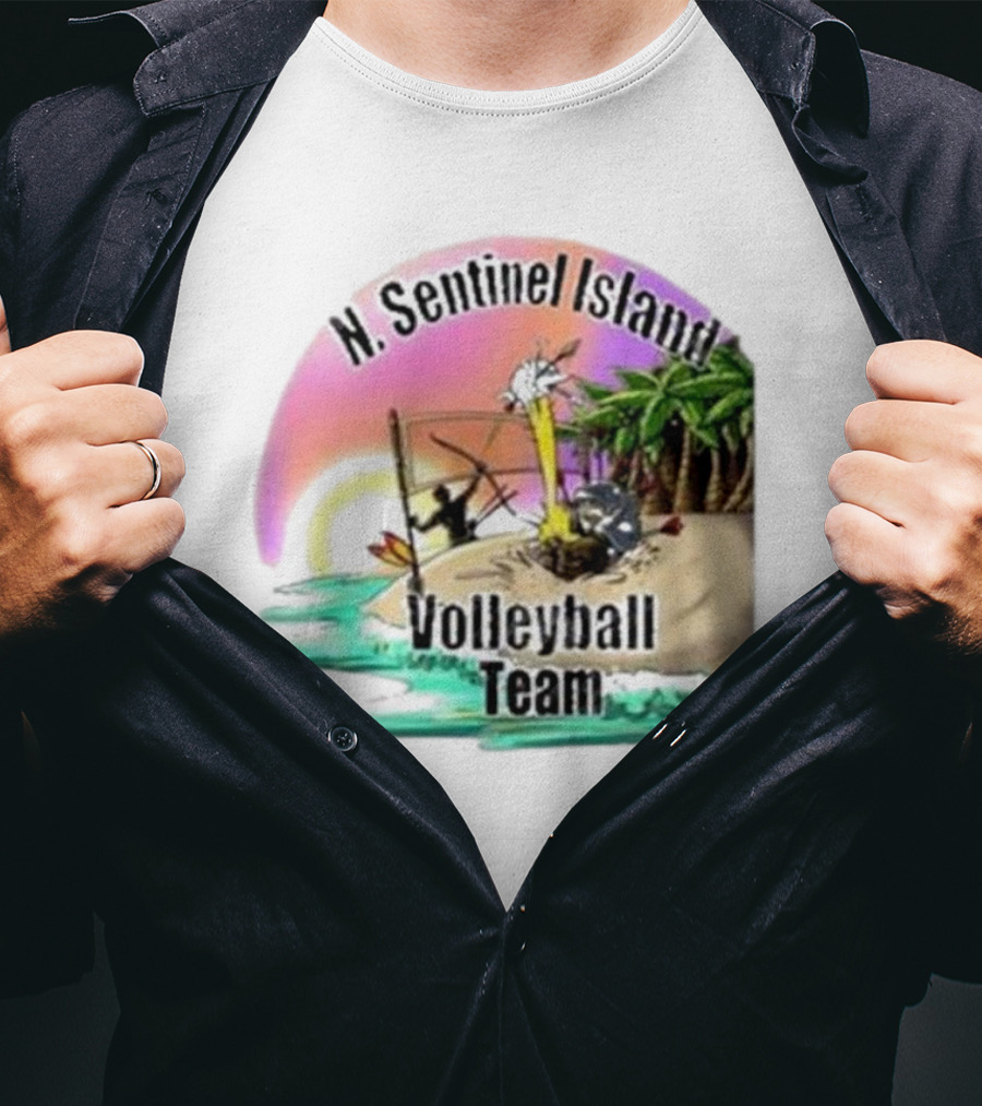 N. Sentinel Island Volleyball Team Sunset Beach Scene With Palms T-Shirt