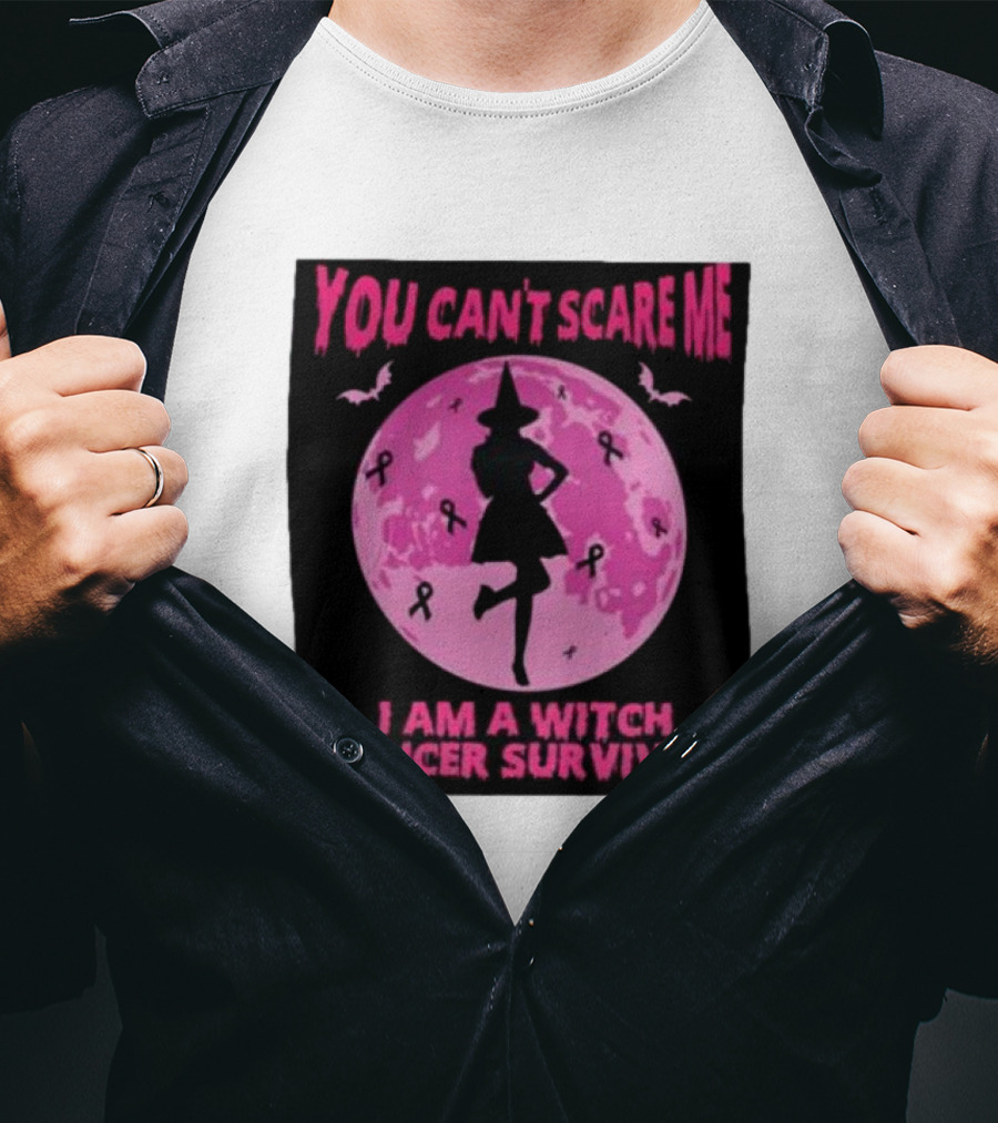 You Can’t Scare Me I Am A Witch Cancer Survivor Pink Moon Bats Ribbons T-Shirt