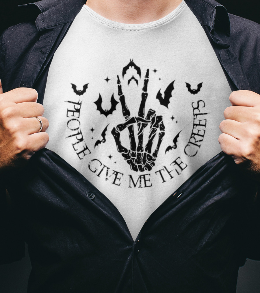 People Give Me The Creeps Skeleton Hand With Bats And Spooky Stars T-Shirt