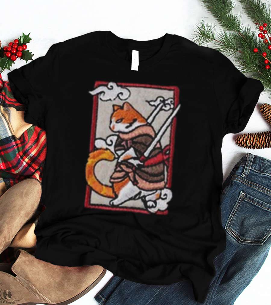 Loky Rain Loky Samurai Cat In Traditional Armor With Swords And Clouds T-Shirt