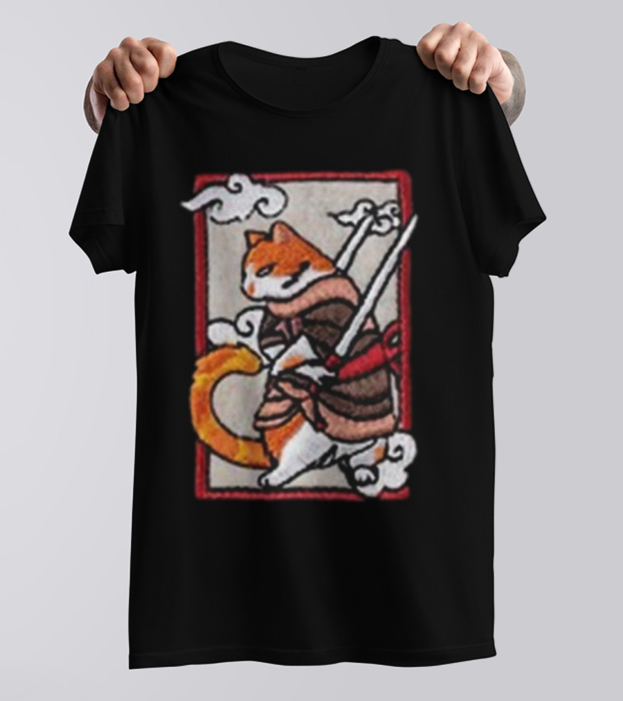 Loky Rain Loky Samurai Cat In Traditional Armor With Swords And Clouds T-Shirt