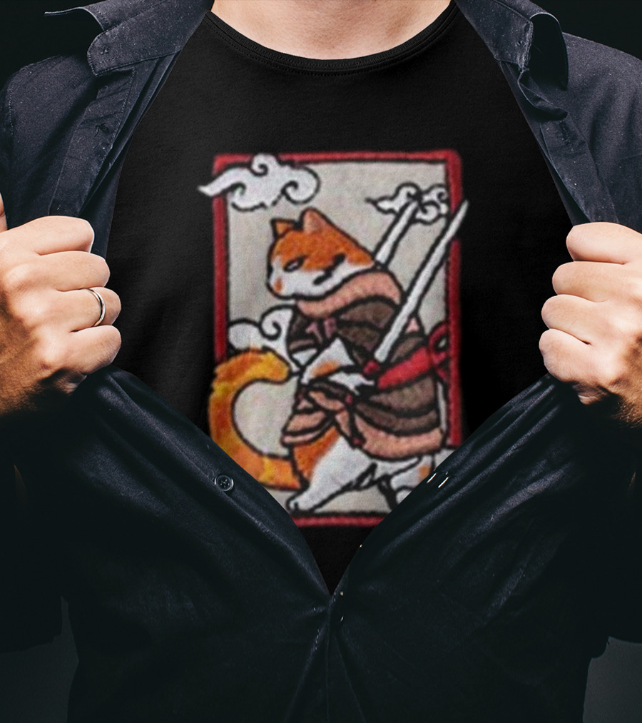 Loky Rain Loky Samurai Cat In Traditional Armor With Swords And Clouds T-Shirt