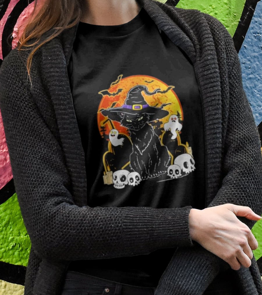 Black Cat Witch Skull Cemetery Blood Moon Halloween Ghosts T-Shirt