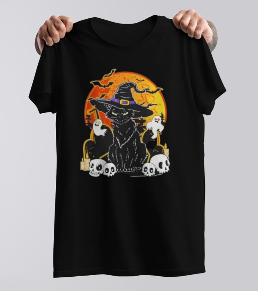 Black Cat Witch Skull Cemetery Blood Moon Halloween Ghosts T-Shirt