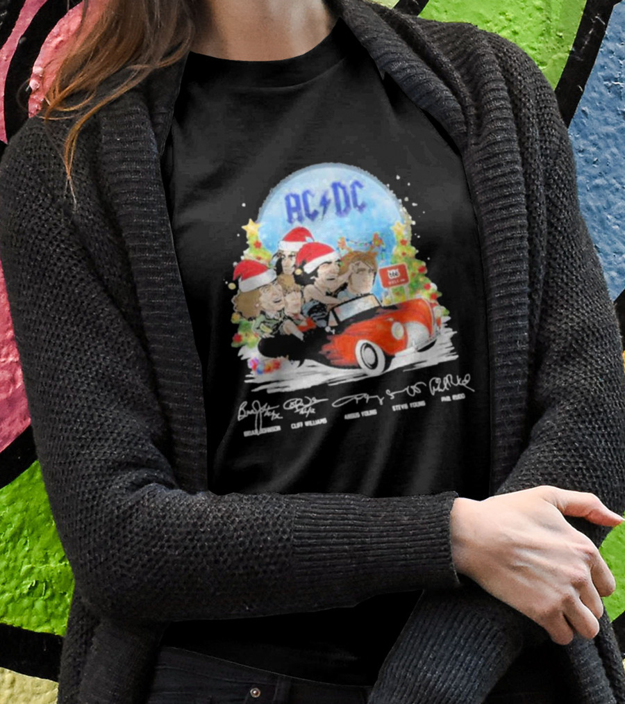 ACDC Band Members In Santa Hats Merry Christmas Signatures On Car With Highway To Hell Sign T-Shirt