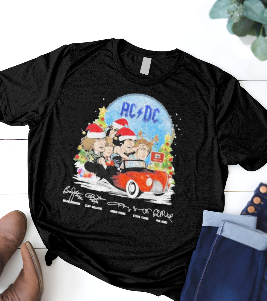 ACDC Band Members In Santa Hats Merry Christmas Signatures On Car With Highway To Hell Sign T-Shirt