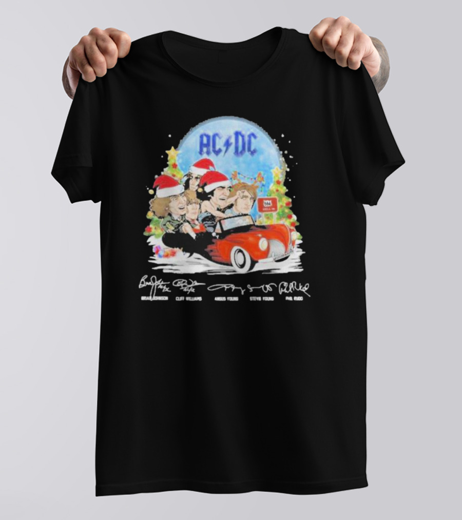 ACDC Band Members In Santa Hats Merry Christmas Signatures On Car With Highway To Hell Sign T-Shirt