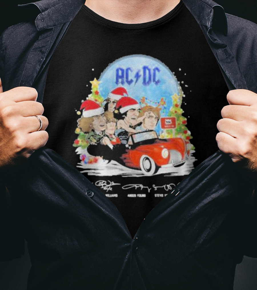 ACDC Band Members In Santa Hats Merry Christmas Signatures On Car With Highway To Hell Sign T-Shirt