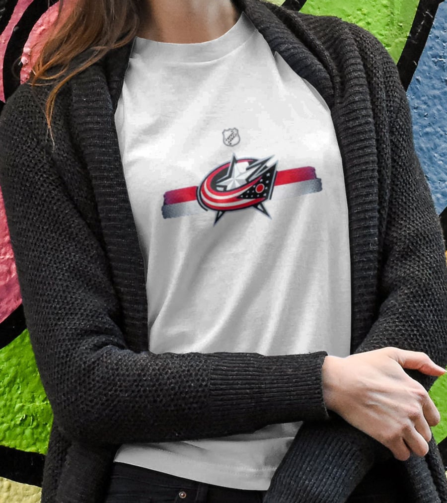 NHL Columbus Blue Jackets Emblem With Red White Blue Stripes T-Shirt