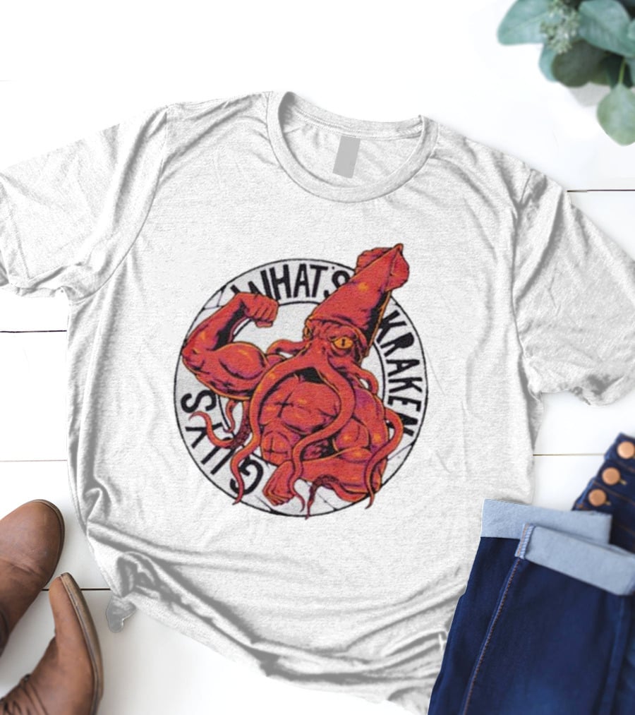 What’s Kraken Guys Sea Muscular Squid Circle T-Shirt