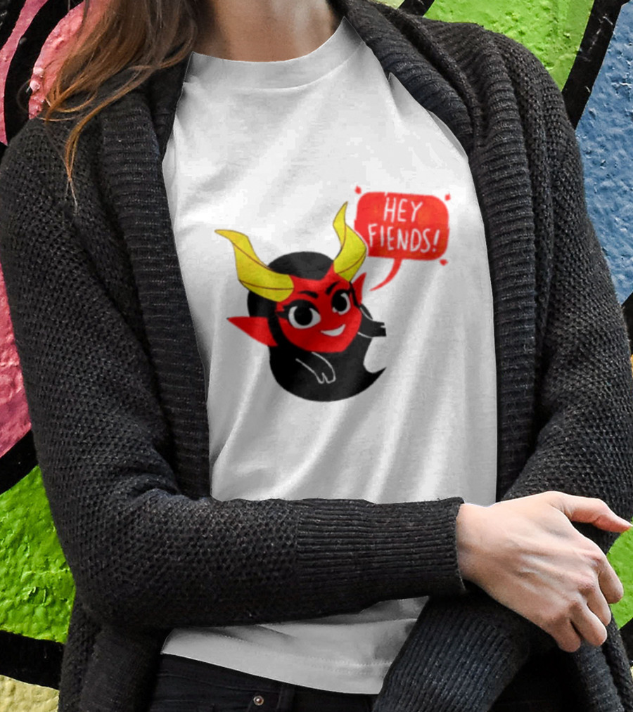 Ginnydi Hey Fiends Demon Cartoon Character With Red Face Yellow Horns And Black Hair T-Shirt