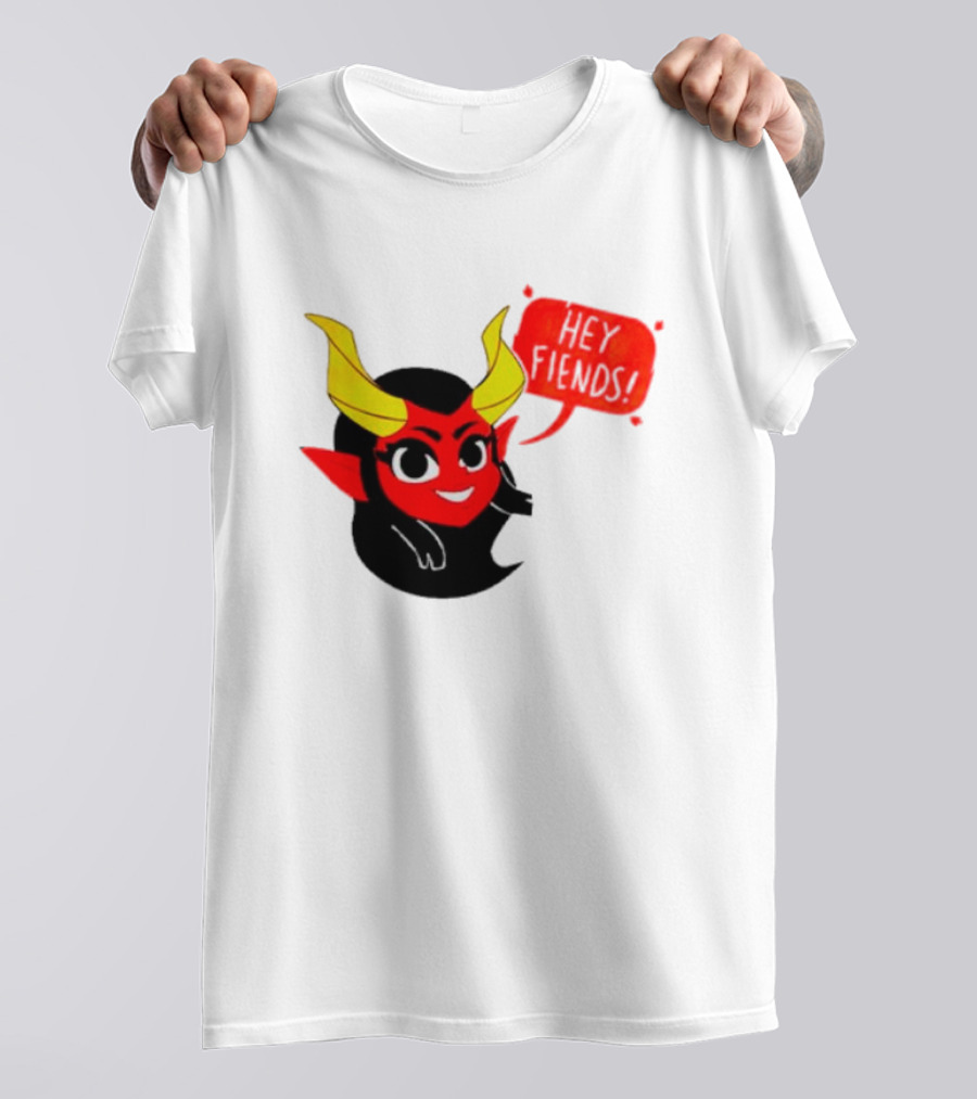 Ginnydi Hey Fiends Demon Cartoon Character With Red Face Yellow Horns And Black Hair T-Shirt