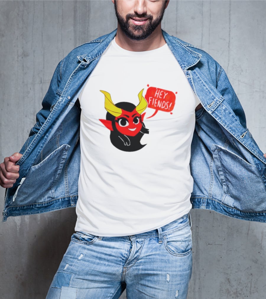 Ginnydi Hey Fiends Demon Cartoon Character With Red Face Yellow Horns And Black Hair T-Shirt