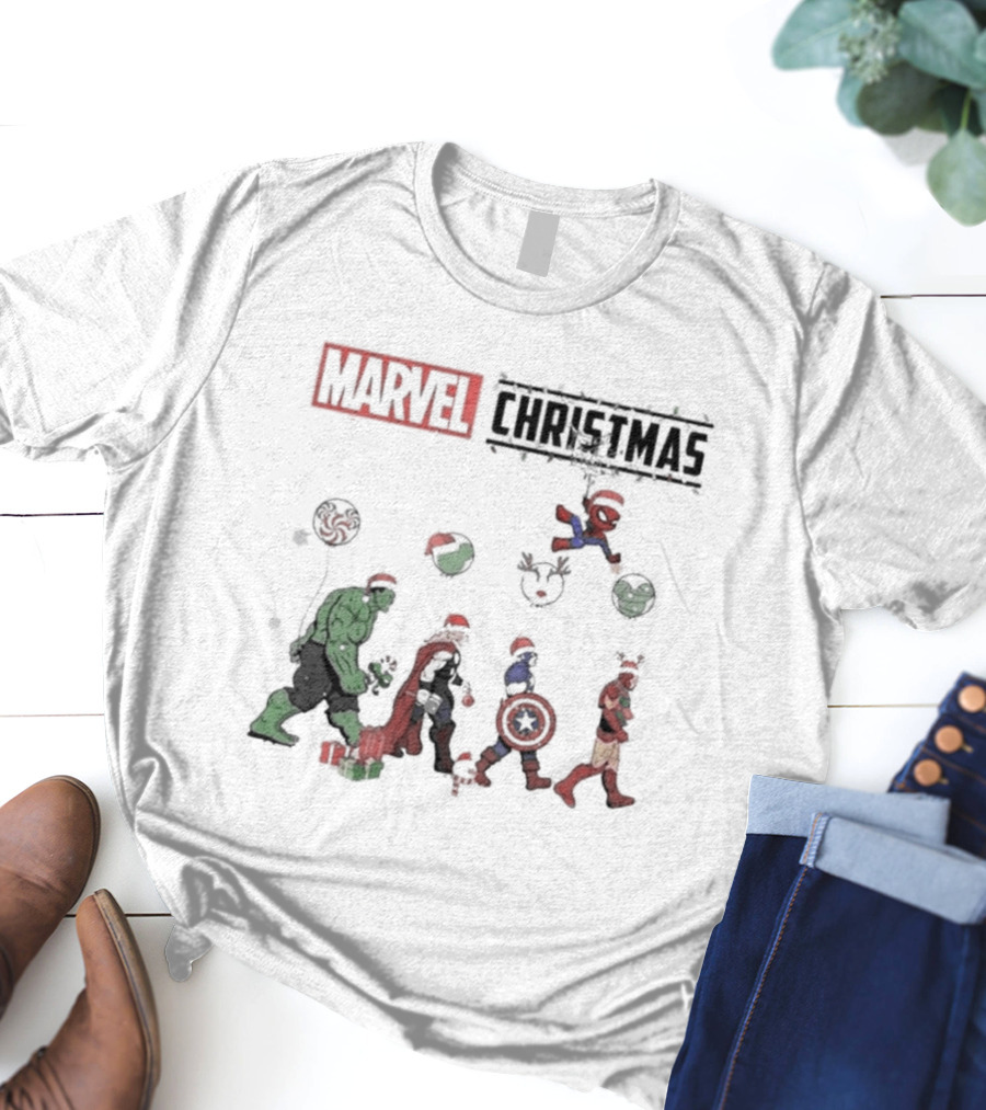 Marvel Christmas Superhero Characters In Santa Hats T-Shirt