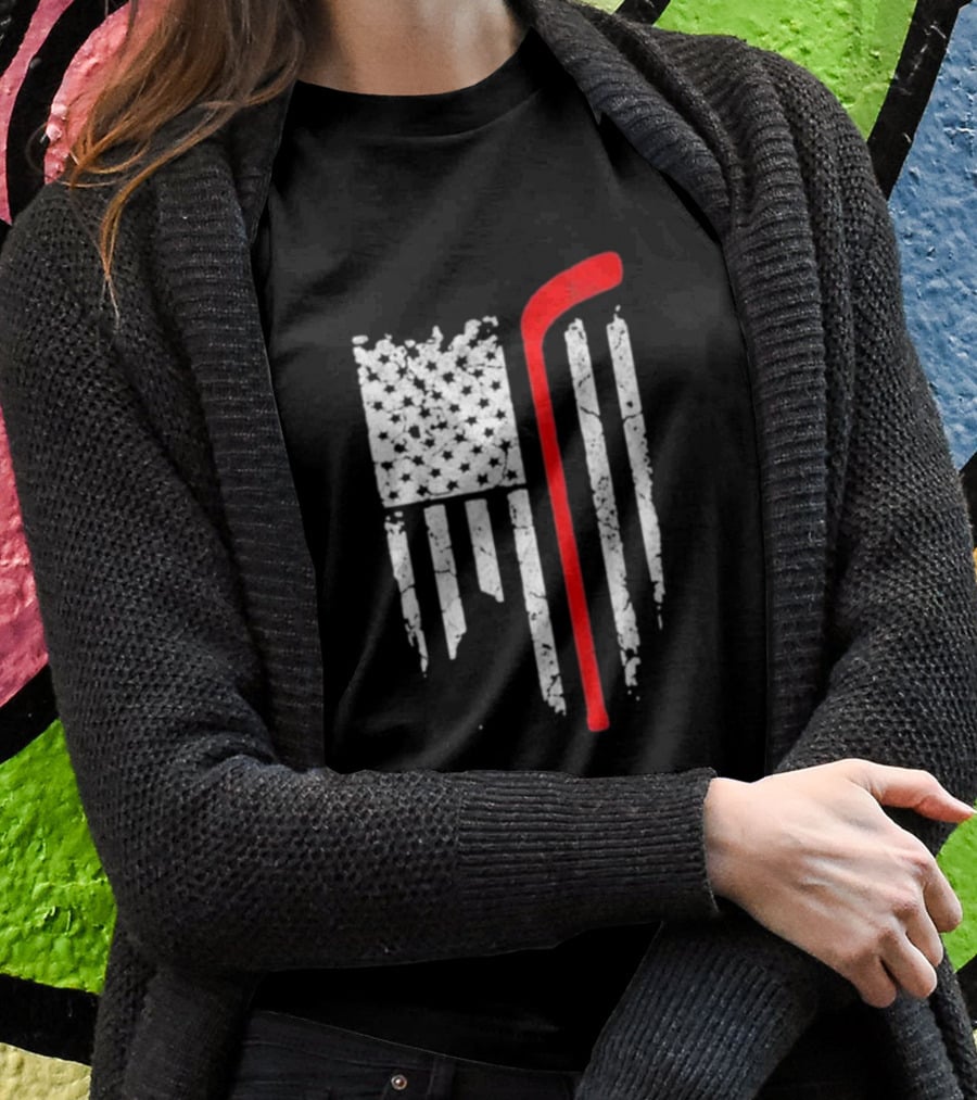 Hockey Stick American Flag Stars Stripes T-Shirt