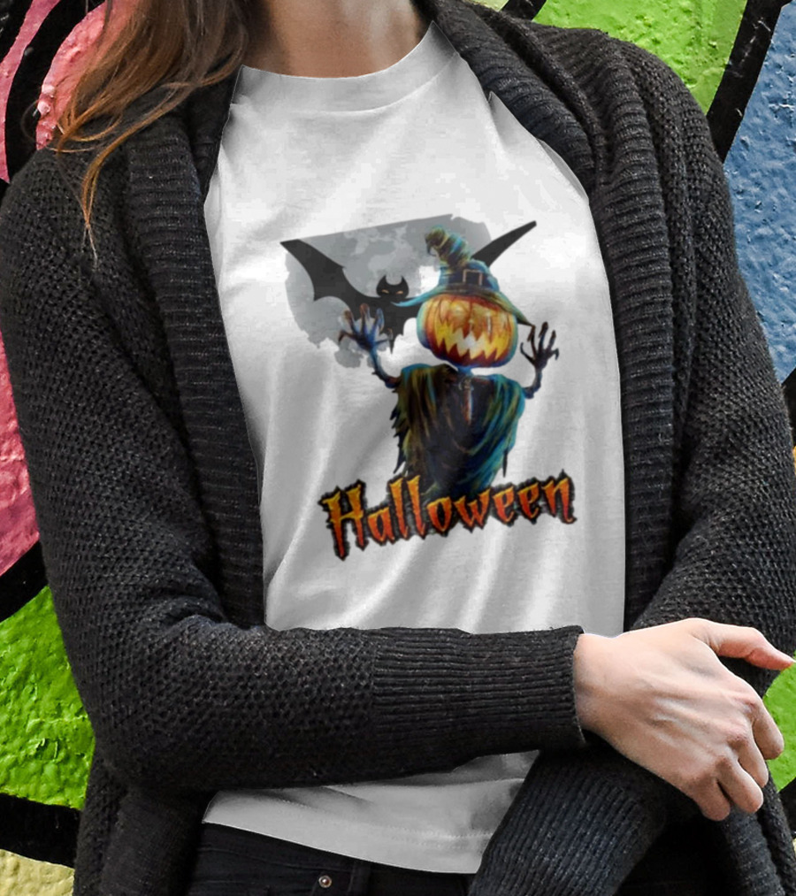 Halloween Horror Witch Straw Man Pumpkins Bat Scary Night T-Shirt