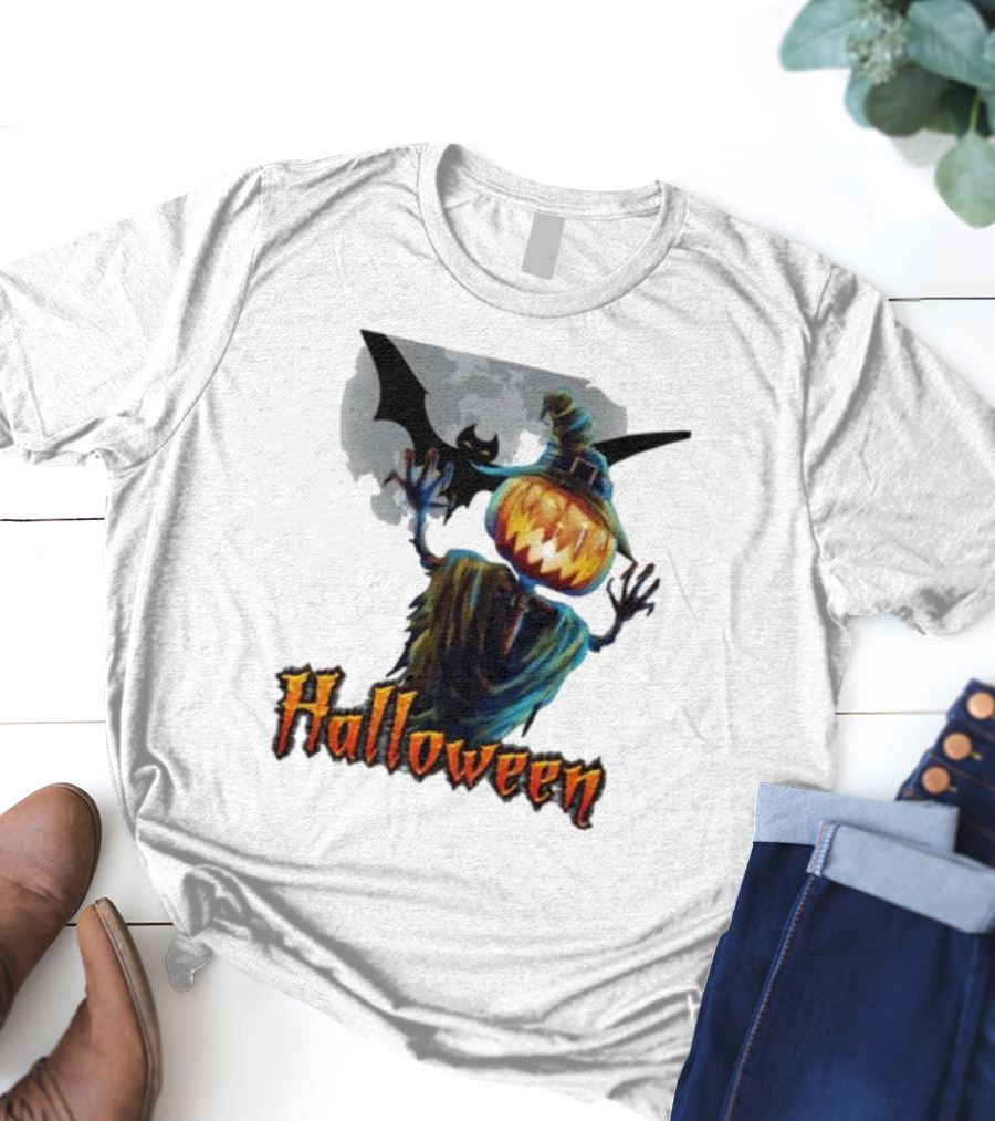 Halloween Horror Witch Straw Man Pumpkins Bat Scary Night T-Shirt