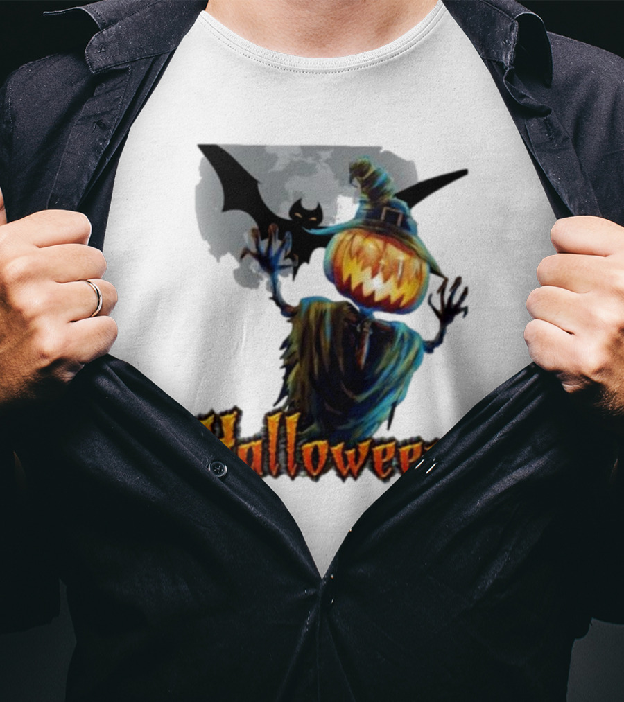 Halloween Horror Witch Straw Man Pumpkins Bat Scary Night T-Shirt