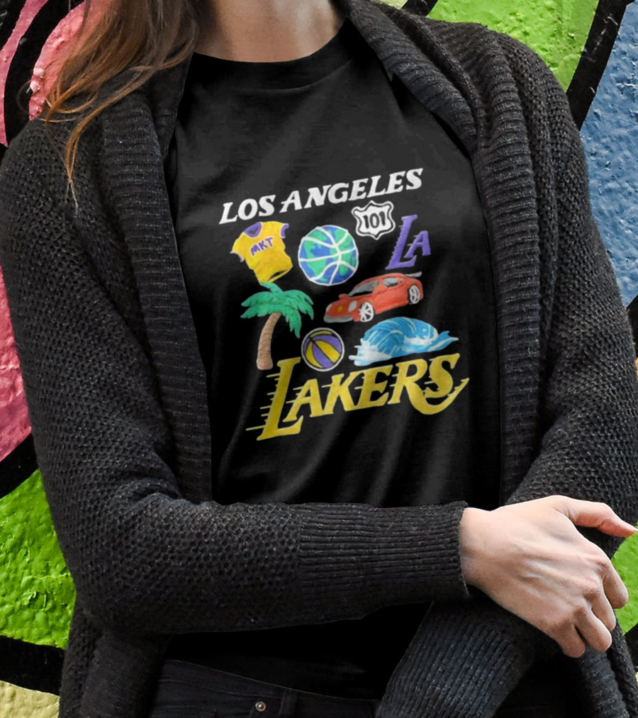 Los Angeles Lakers NBA MKT 101 Claymation LA Basketball Car Palm Wave T-Shirt