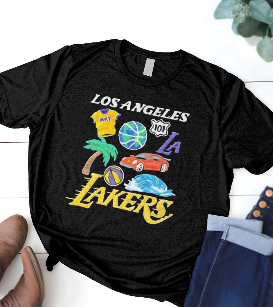 Los Angeles Lakers NBA MKT 101 Claymation LA Basketball Car Palm Wave T-Shirt