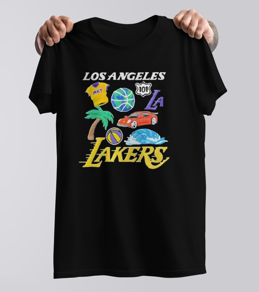 Los Angeles Lakers NBA MKT 101 Claymation LA Basketball Car Palm Wave T-Shirt
