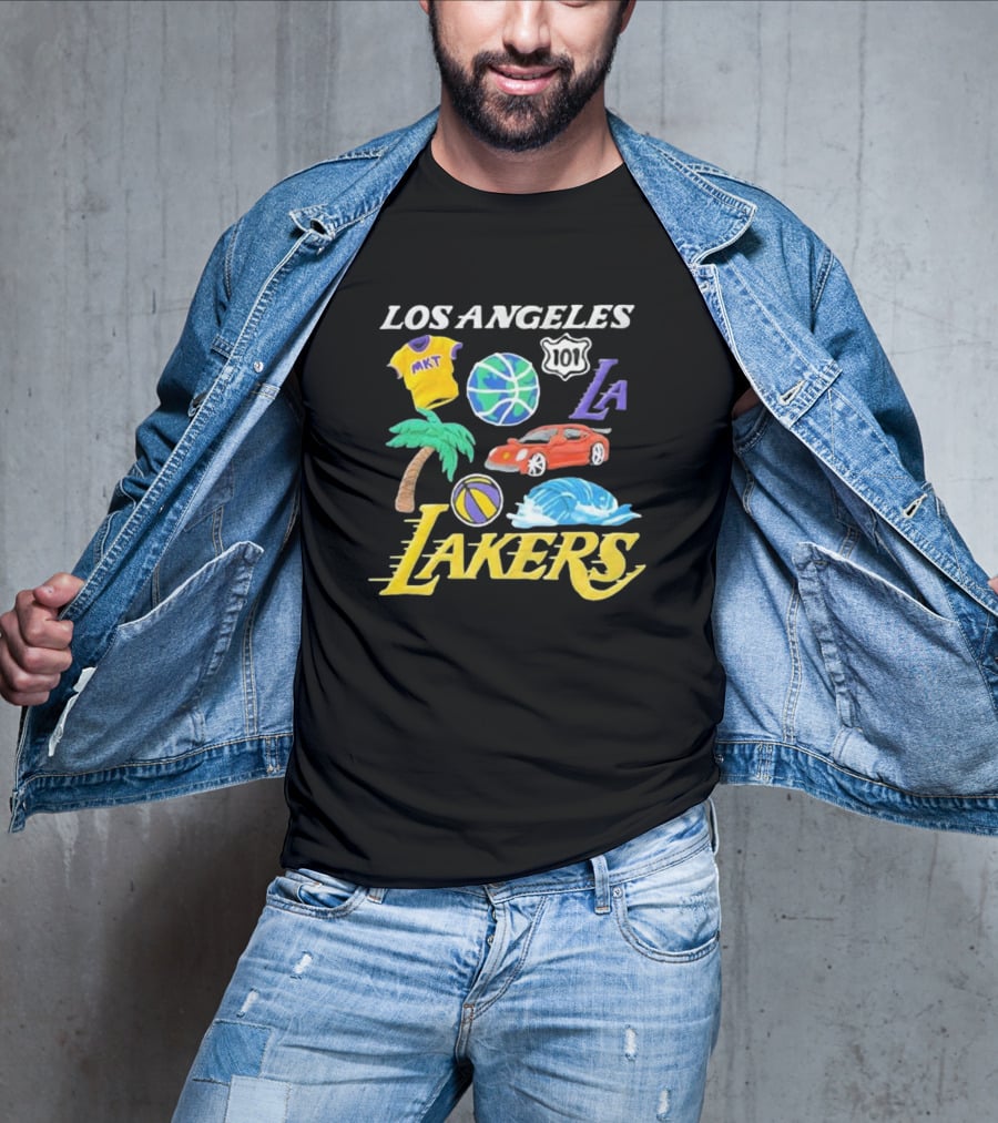 Los Angeles Lakers NBA MKT 101 Claymation LA Basketball Car Palm Wave T-Shirt