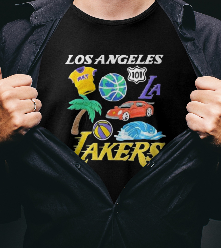 Los Angeles Lakers NBA MKT 101 Claymation LA Basketball Car Palm Wave T-Shirt
