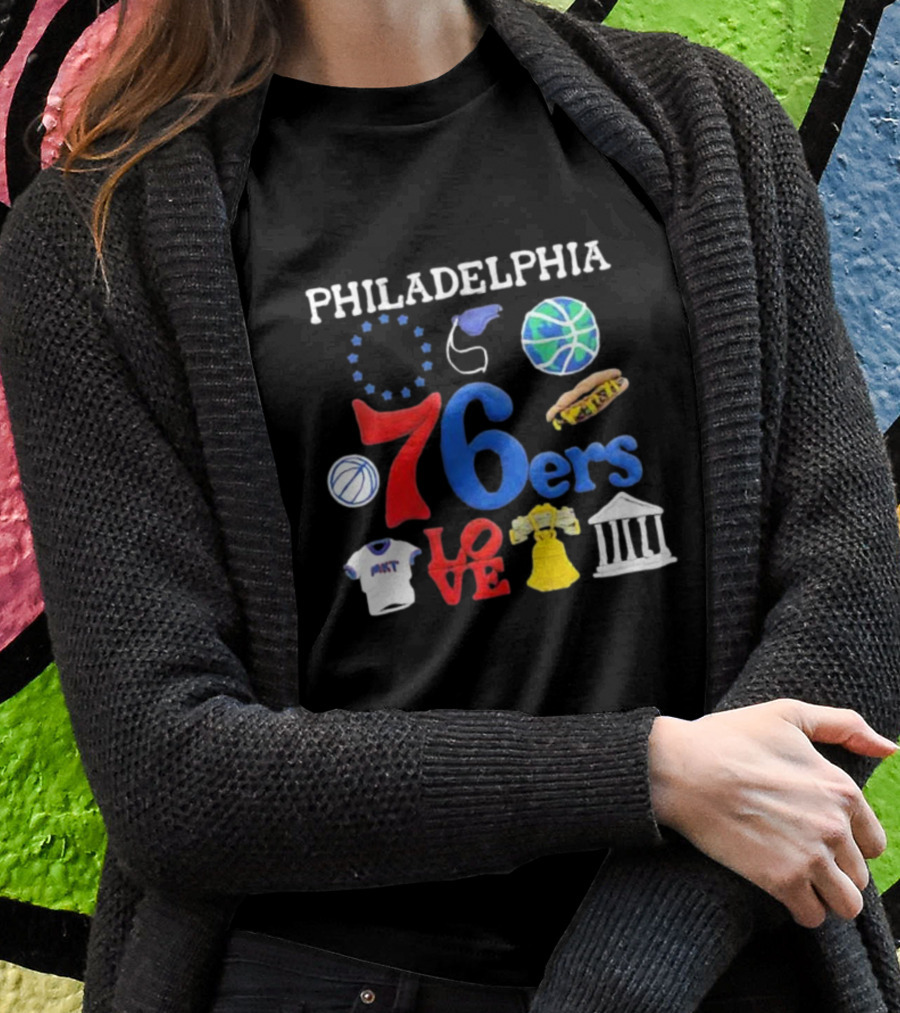 Philadelphia 76ers NBA Market Claymation Love Basketball Hotdog Liberty Bell Federal Building T-Shirt