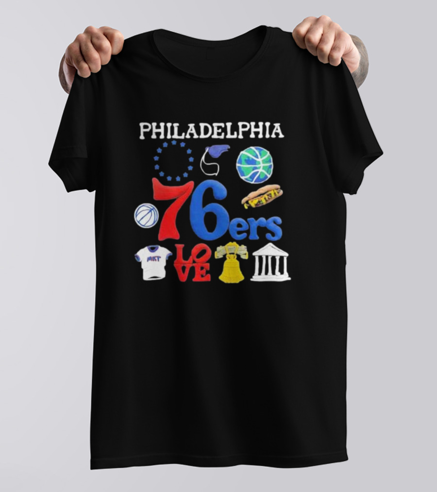 Philadelphia 76ers NBA Market Claymation Love Basketball Hotdog Liberty Bell Federal Building T-Shirt