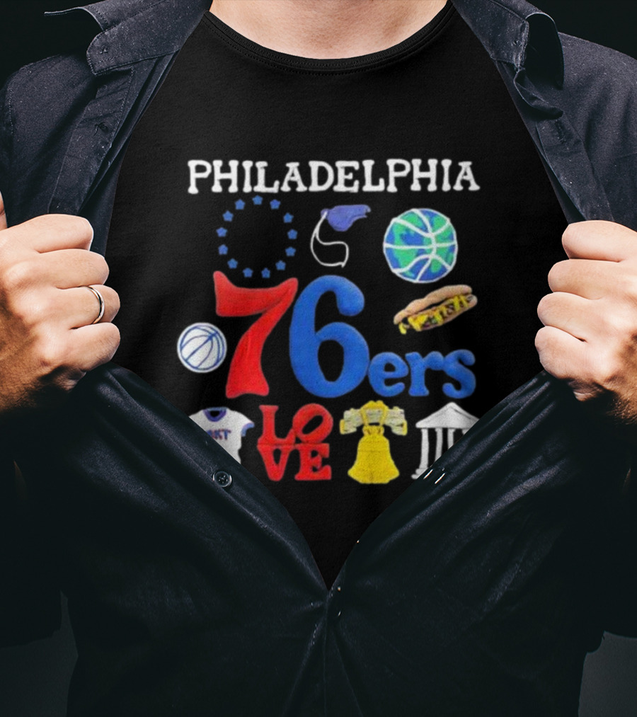 Philadelphia 76ers NBA Market Claymation Love Basketball Hotdog Liberty Bell Federal Building T-Shirt