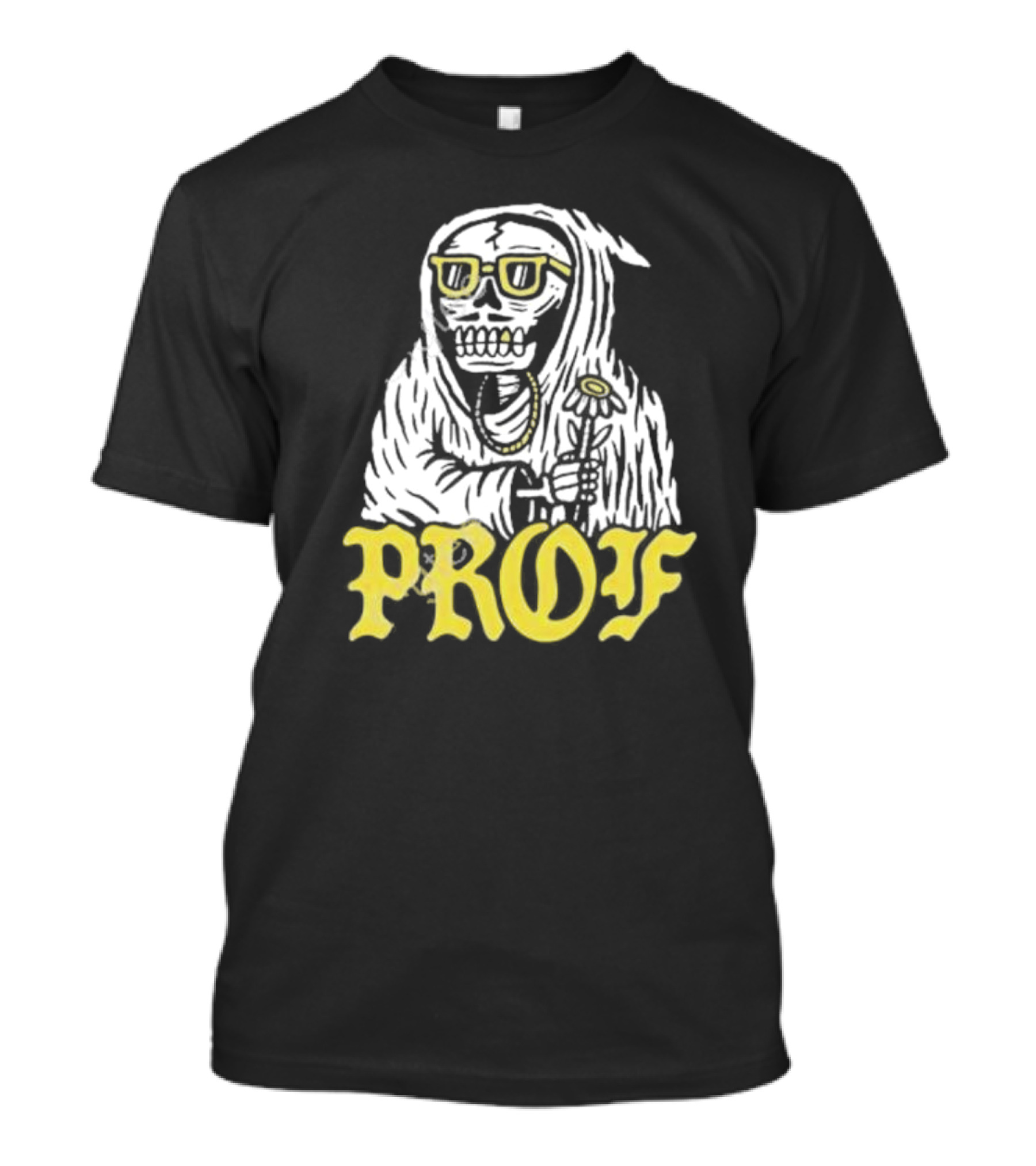 Prof Tombstones Skeleton With Yellow Glasses And Flower T-Shirt