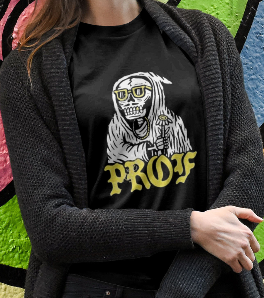 Prof Tombstones Skeleton With Yellow Glasses And Flower T-Shirt