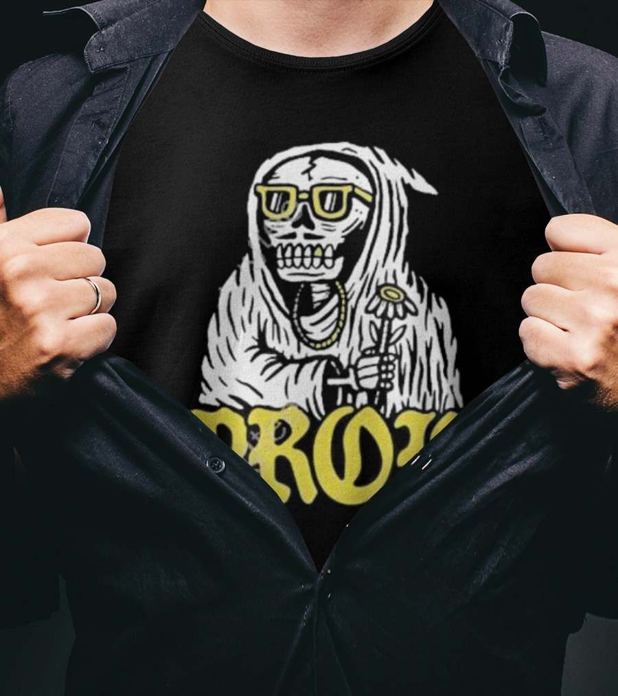 Prof Tombstones Skeleton With Yellow Glasses And Flower T-Shirt