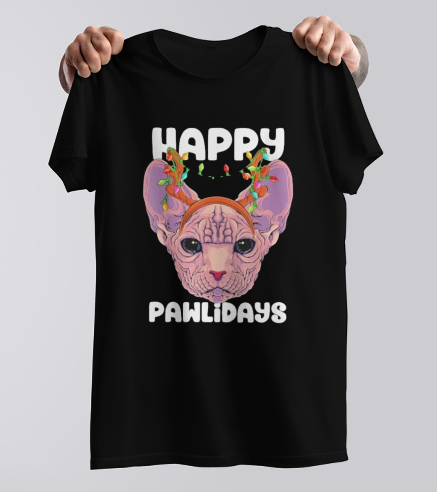 Happy Pawlidays Sphynx Cat With Christmas Lights T-Shirt