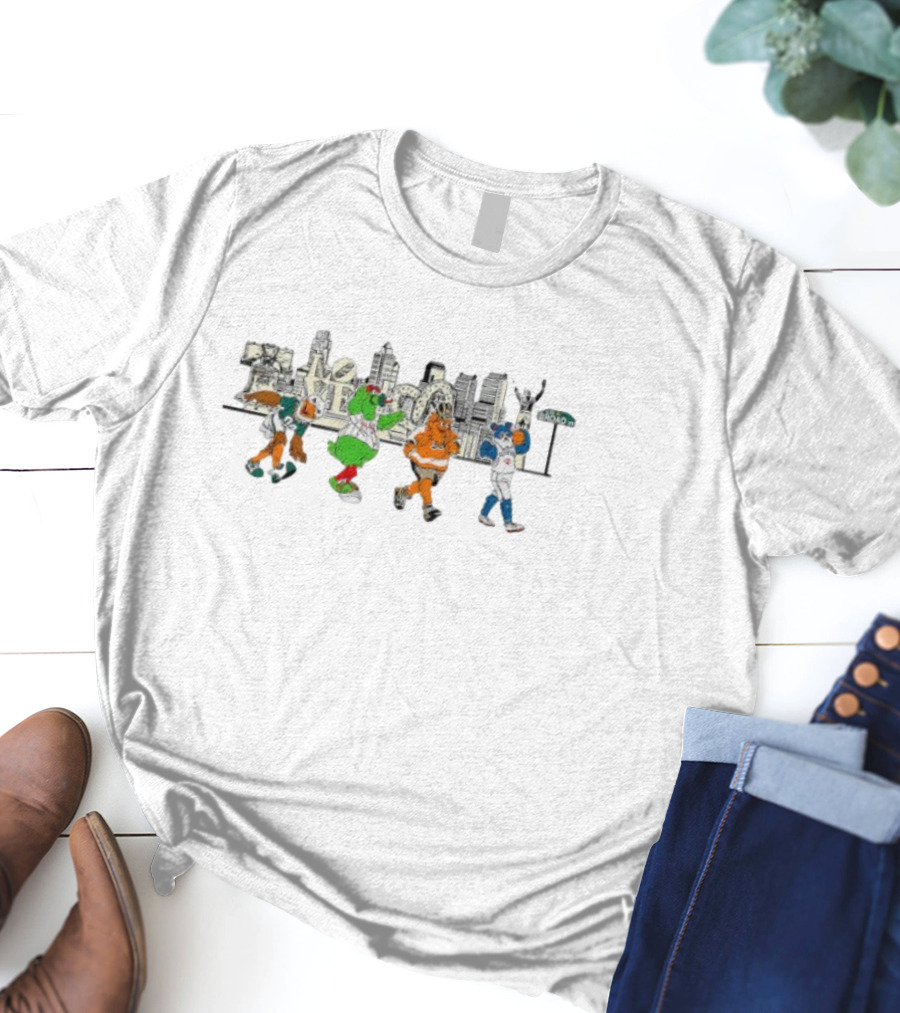 Philadelphia Sports Mascots Walking Across Skyline With Brotherly Love T-Shirt