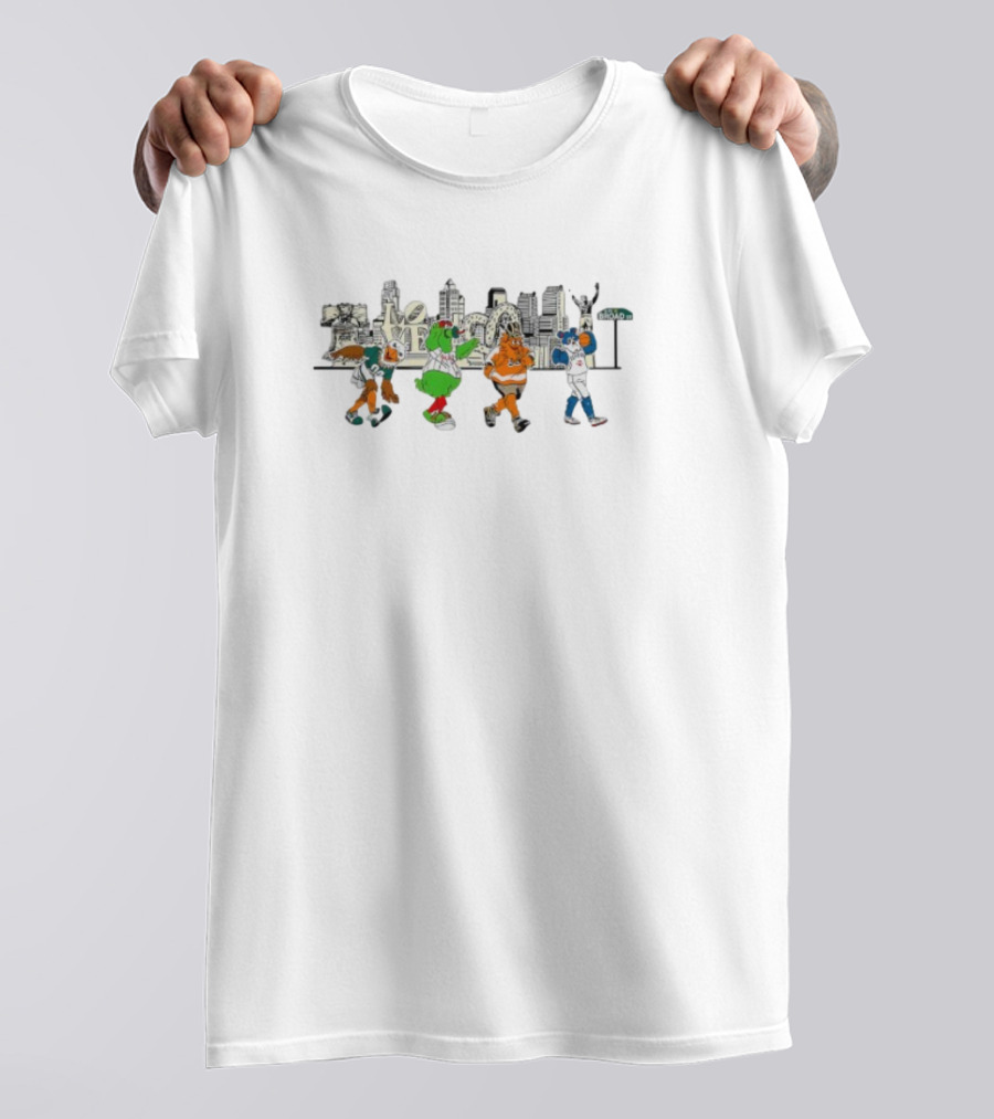 Philadelphia Sports Mascots Walking Across Skyline With Brotherly Love T-Shirt
