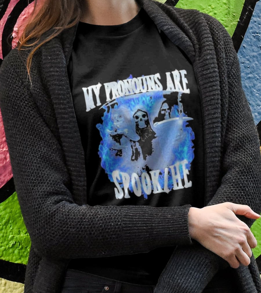 My Pronouns Are Spook He Blue Flames Grim Reaper Trio T-Shirt