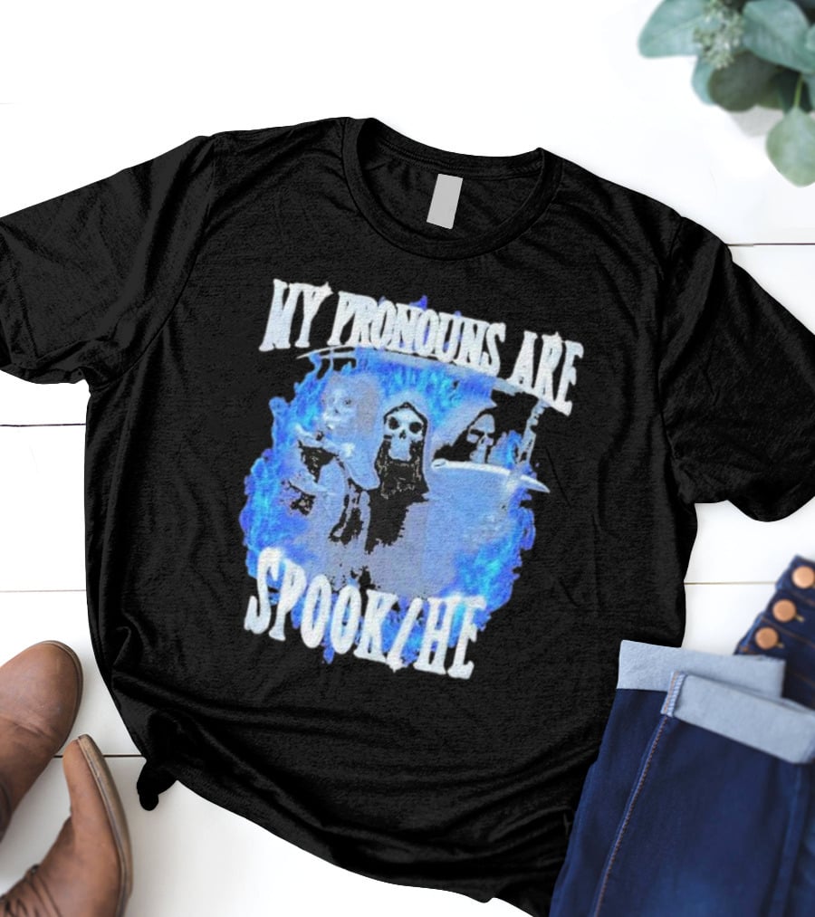 My Pronouns Are Spook He Blue Flames Grim Reaper Trio T-Shirt