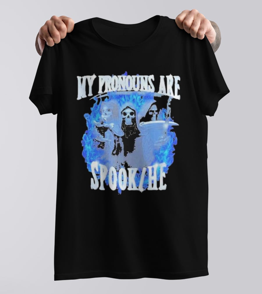 My Pronouns Are Spook He Blue Flames Grim Reaper Trio T-Shirt