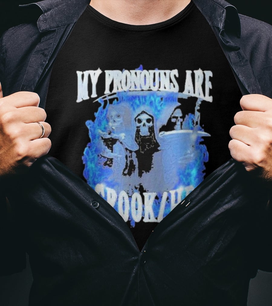 My Pronouns Are Spook He Blue Flames Grim Reaper Trio T-Shirt