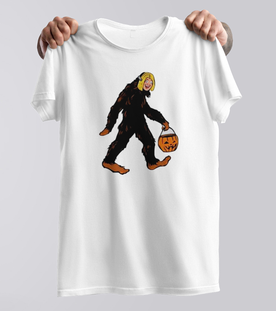 Mystical Halloween Sasquatch Holding Pumpkin Bucket Spooky Costume T-Shirt