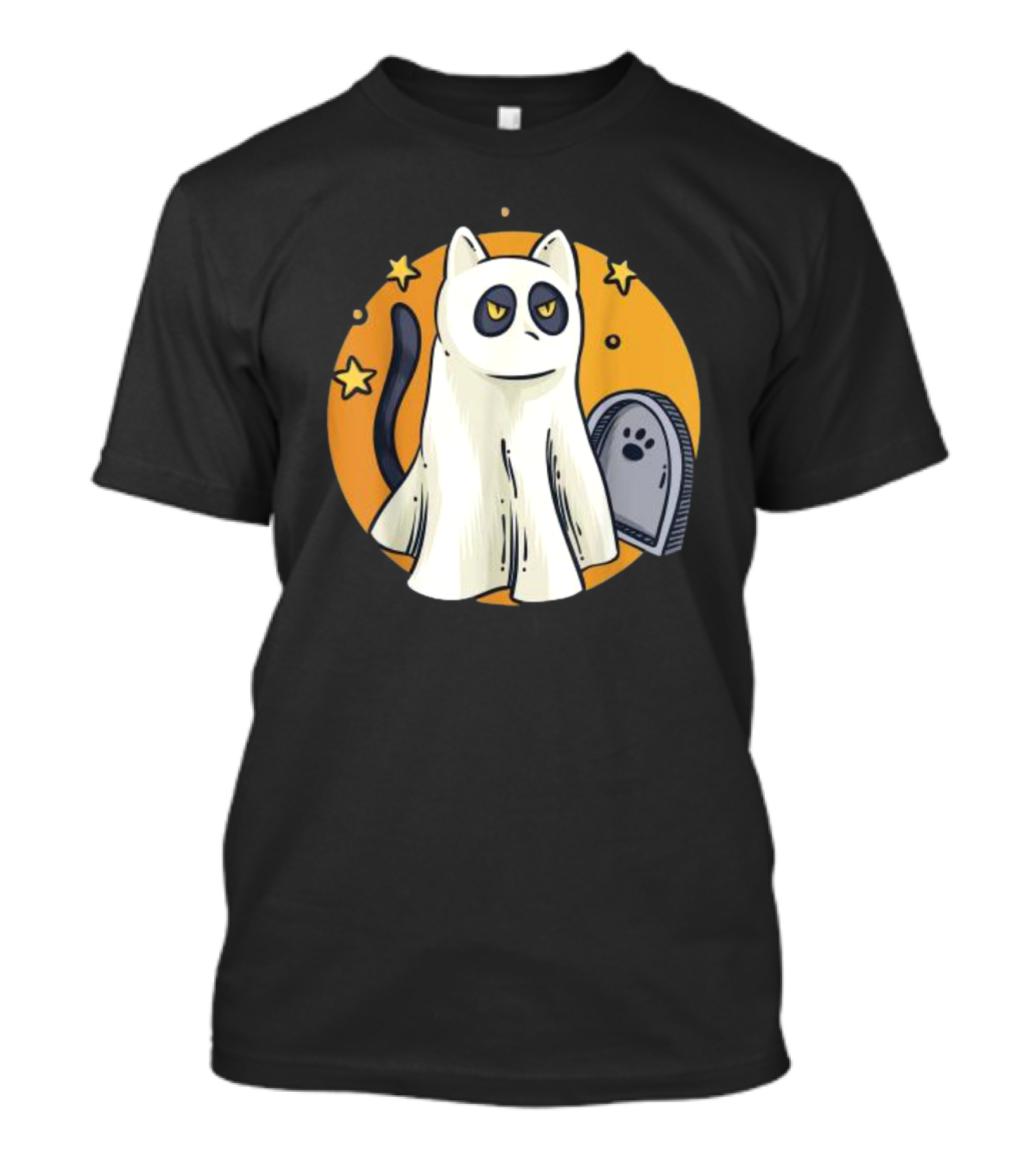 Cute Ghost Cat Halloween Outfit Black Cat With Stars And Tombstone T-Shirt