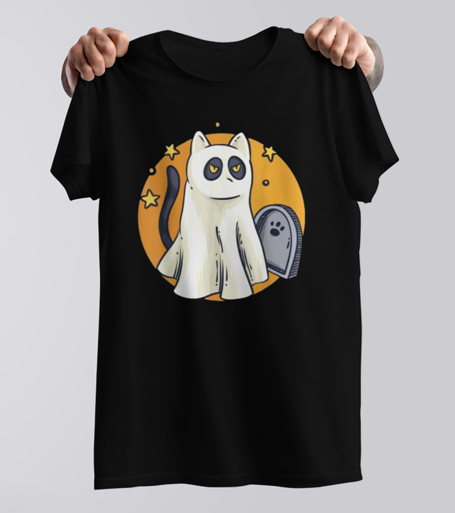 Cute Ghost Cat Halloween Outfit Black Cat With Stars And Tombstone T-Shirt