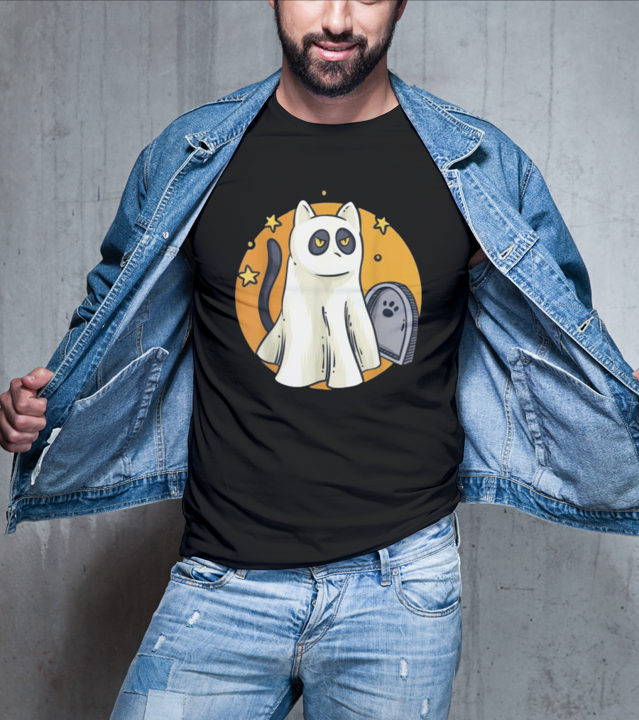 Cute Ghost Cat Halloween Outfit Black Cat With Stars And Tombstone T-Shirt
