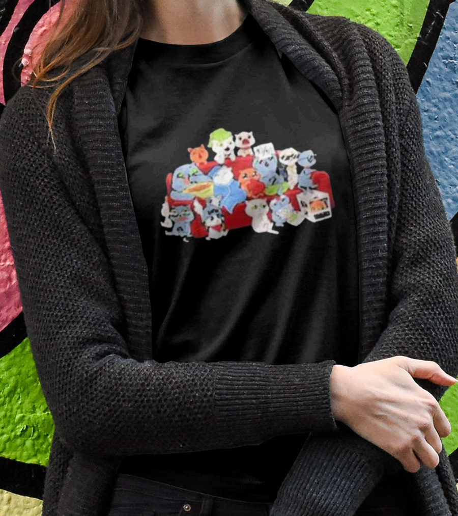 Lirik Couch Gang Cat Characters On Red Sofa With Snacks T-Shirt