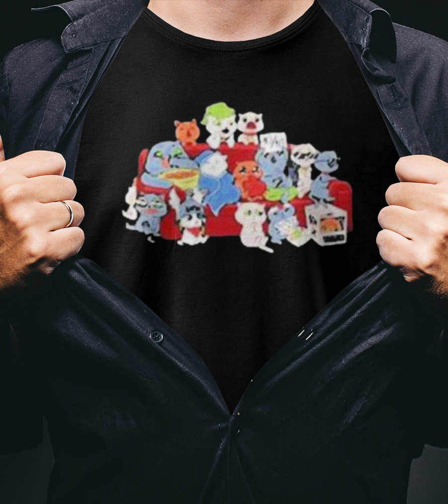 Lirik Couch Gang Cat Characters On Red Sofa With Snacks T-Shirt