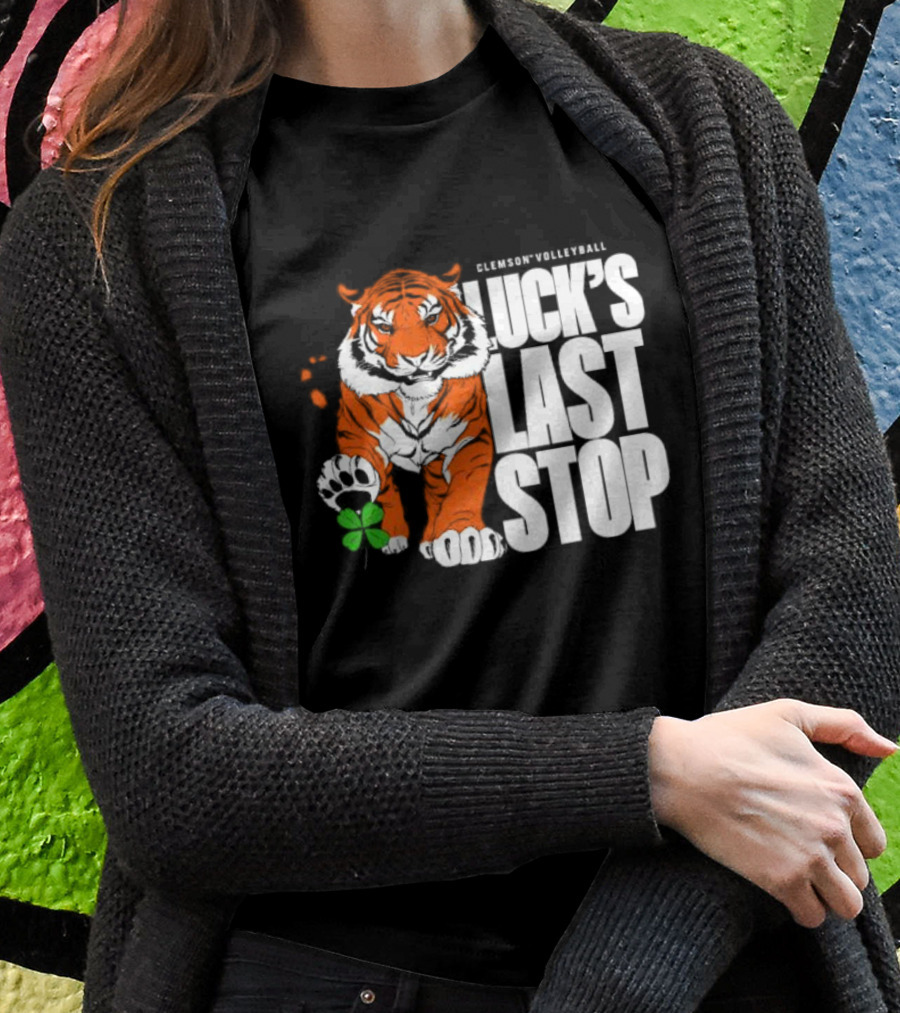 Clemson Volleyball Tiger Luck's Last Stop Tiger Paw With Clover T-Shirt