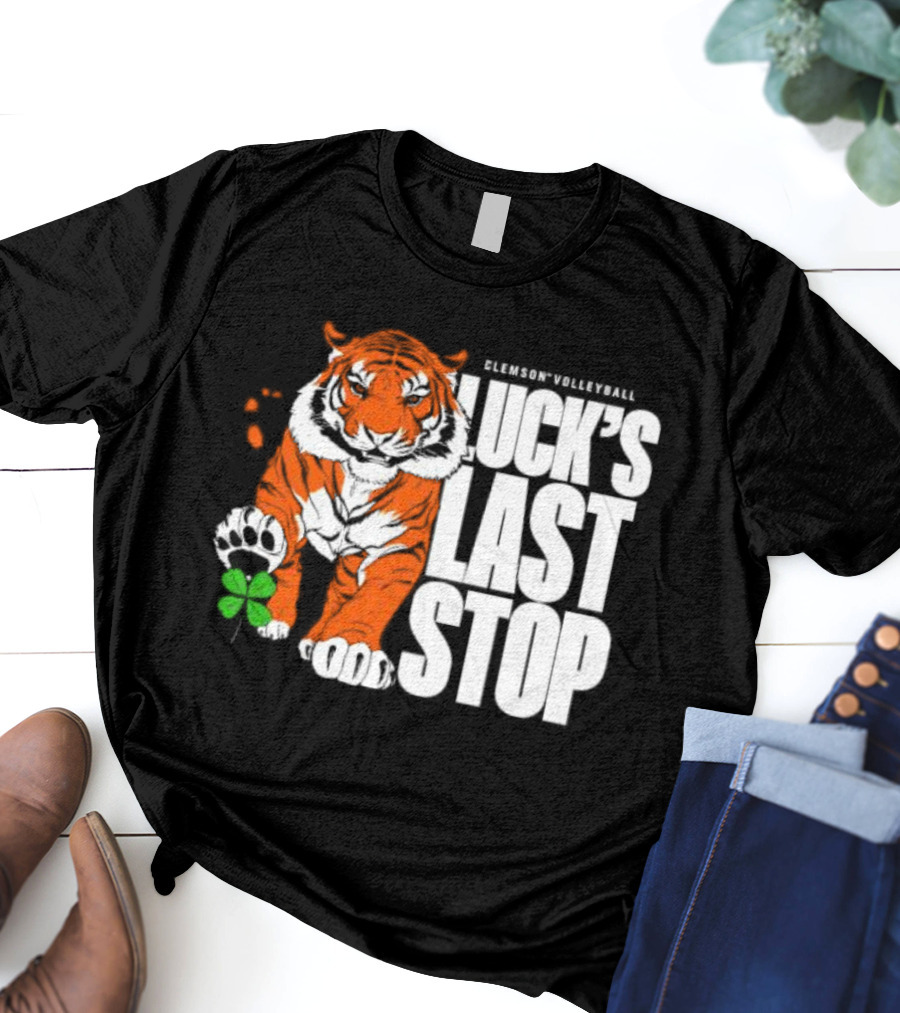 Clemson Volleyball Tiger Luck's Last Stop Tiger Paw With Clover T-Shirt