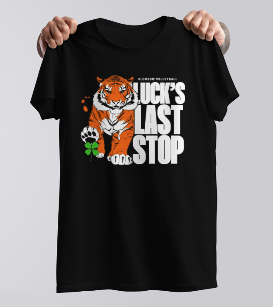 Clemson Volleyball Tiger Luck's Last Stop Tiger Paw With Clover T-Shirt