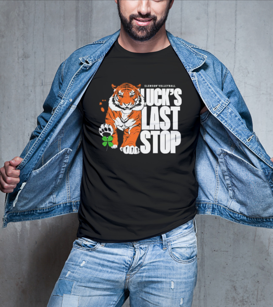 Clemson Volleyball Tiger Luck's Last Stop Tiger Paw With Clover T-Shirt